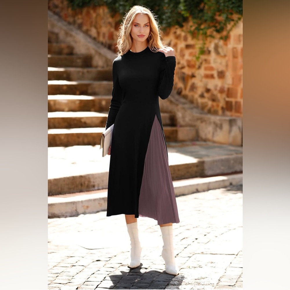 PRETTYGARDEN Women's Long Sleeve Midi Dress,(Black - Dusty Pink, XL)